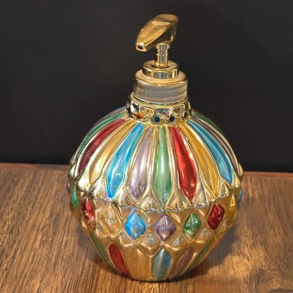 Vintage Allure 1998 Multi Color Glass Soap Dispenser Gold Pump Bohemian Decor